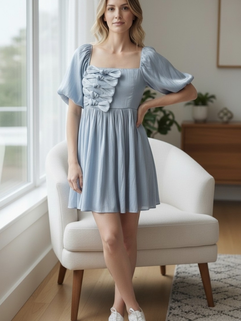 She + Sky. Light Blue Puff-Sleeve Mini Dress with Bow Front. NWOT